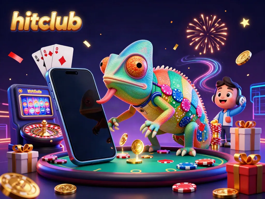 Engage in hitclub's vibrant casino world with a colorful chameleon and dynamic gaming elements.