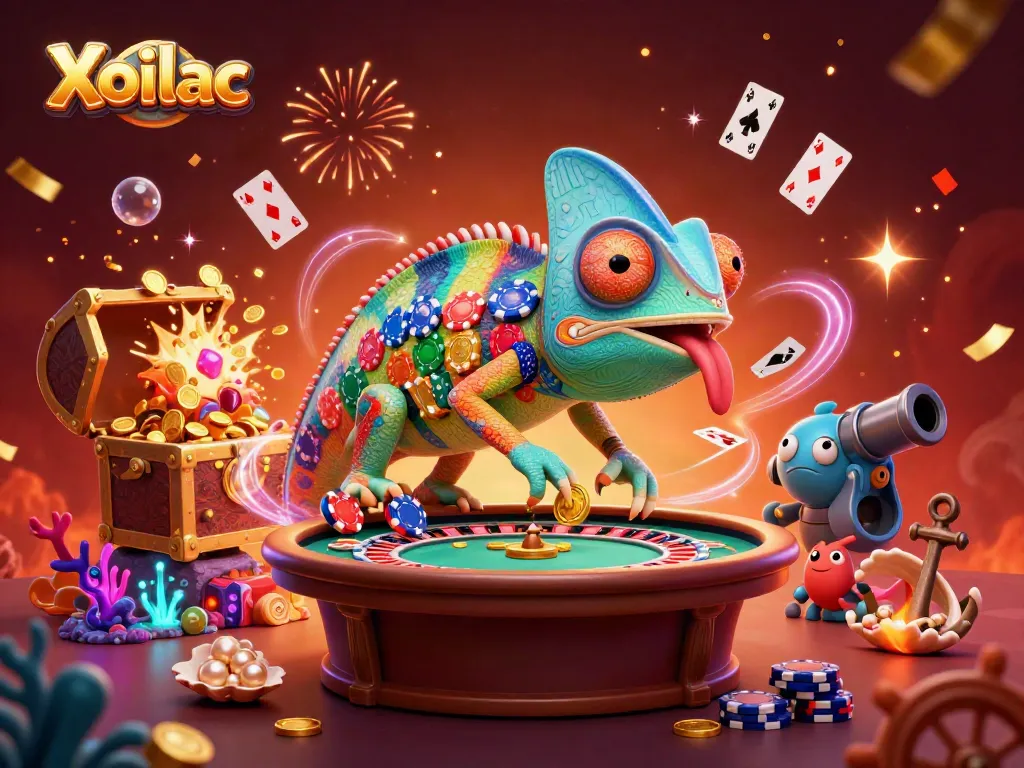 Xoilac chameleon casino owner collects golden coins in a vibrant 3D casino scene.