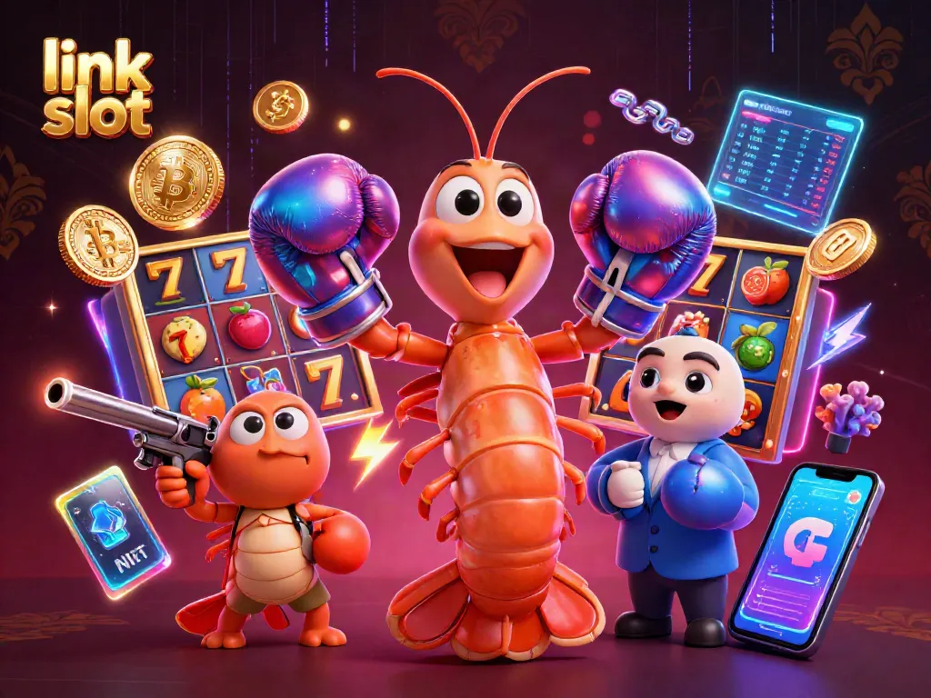Experience the thrill of the link slot with vibrant characters and slot-themed visuals in a dazzling scene.