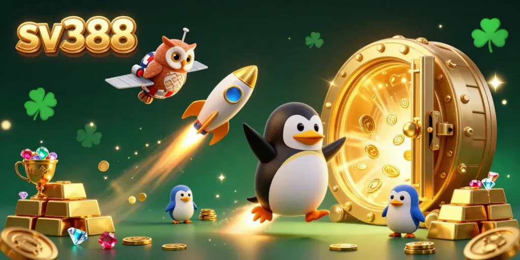 Experience the thrill of sv388 with a dynamic 3D scene featuring a golden penguin, coins, and casino elements.
