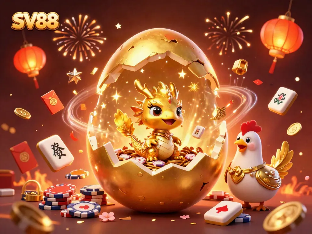 Experience SV88's thrilling lottery games with a golden dragon and celebratory decorations.