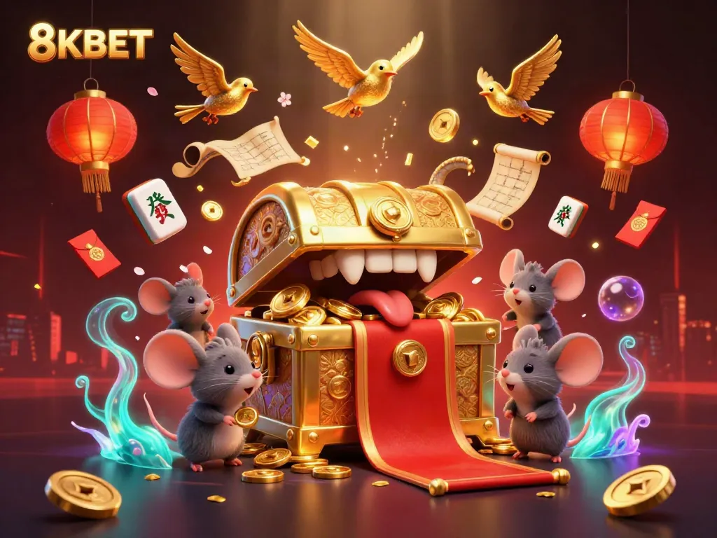 Experience riches with the vibrant 8KBET treasure chest illustration in a captivating casino scene.