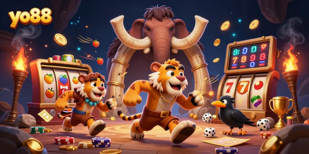 Spin the reels at yo88's captivating prehistoric casino scene with 3D characters and vibrant elements.