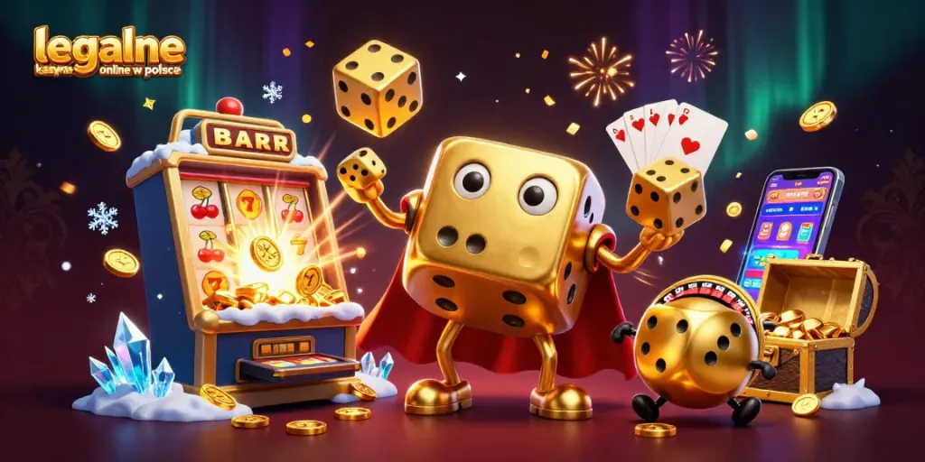 Experience excitement in legalne kasyno online w polsce with golden dice, slot machines, and vibrant casino visuals.