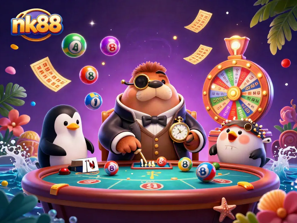 Engage with the excitement of nk88 as a walrus and friends play poker underwater amidst vibrant gambling elements.