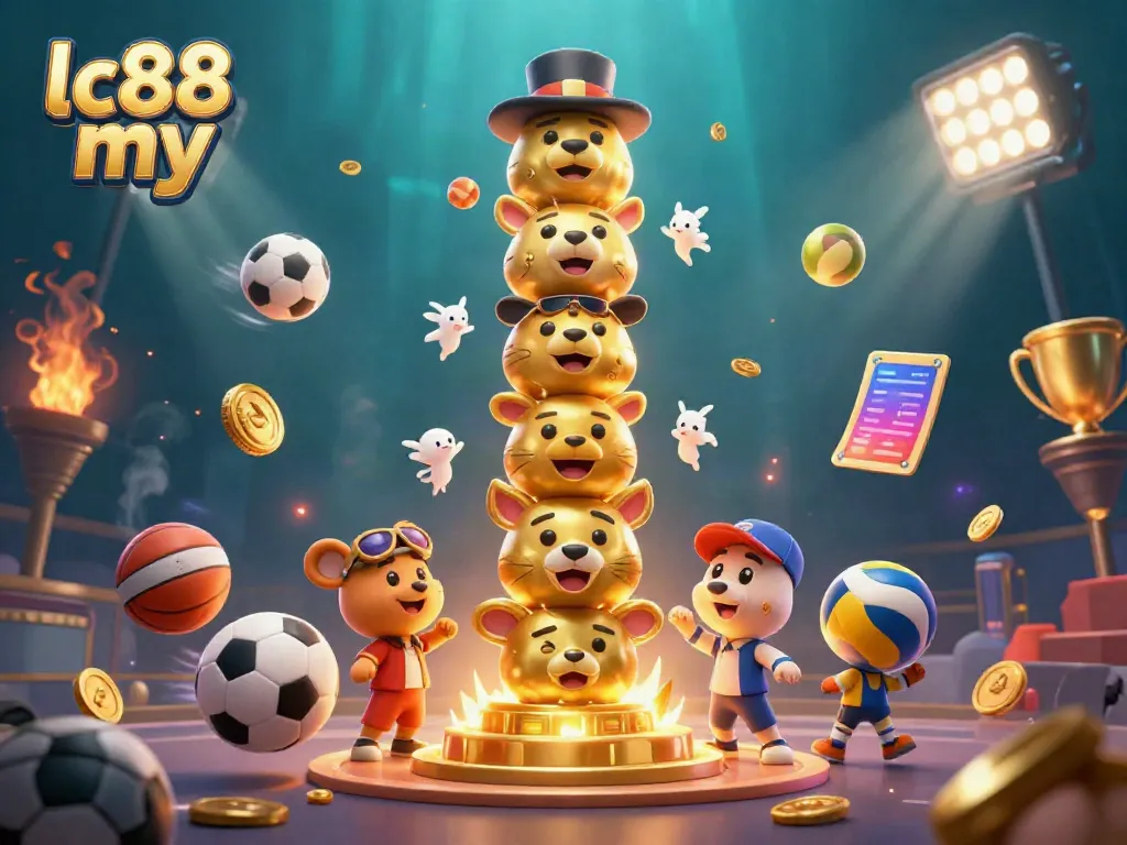 Vibrant scene showcasing lc88 my with a magical totem pole and sports gambling elements swirling around, ideal for bettors.