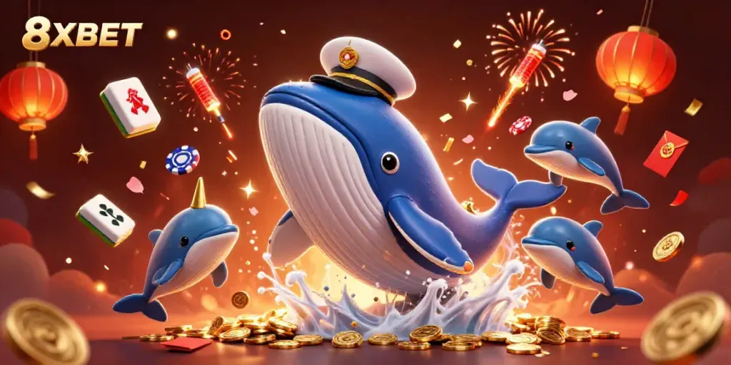 Engage with 8XBET and enjoy the excitement of gaming illustrated with whales and poker chips.
