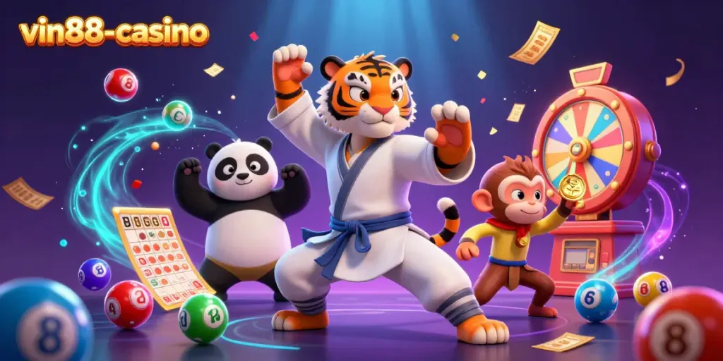 Engaging casino scene at vin88-casino with a kung fu tiger, panda, and monkey in action.