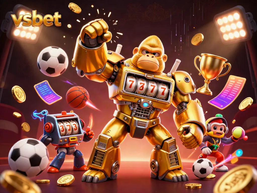 Experience thrilling gaming action with vsbet's dynamic slot machine-themed illustration featuring a golden gorilla mech.