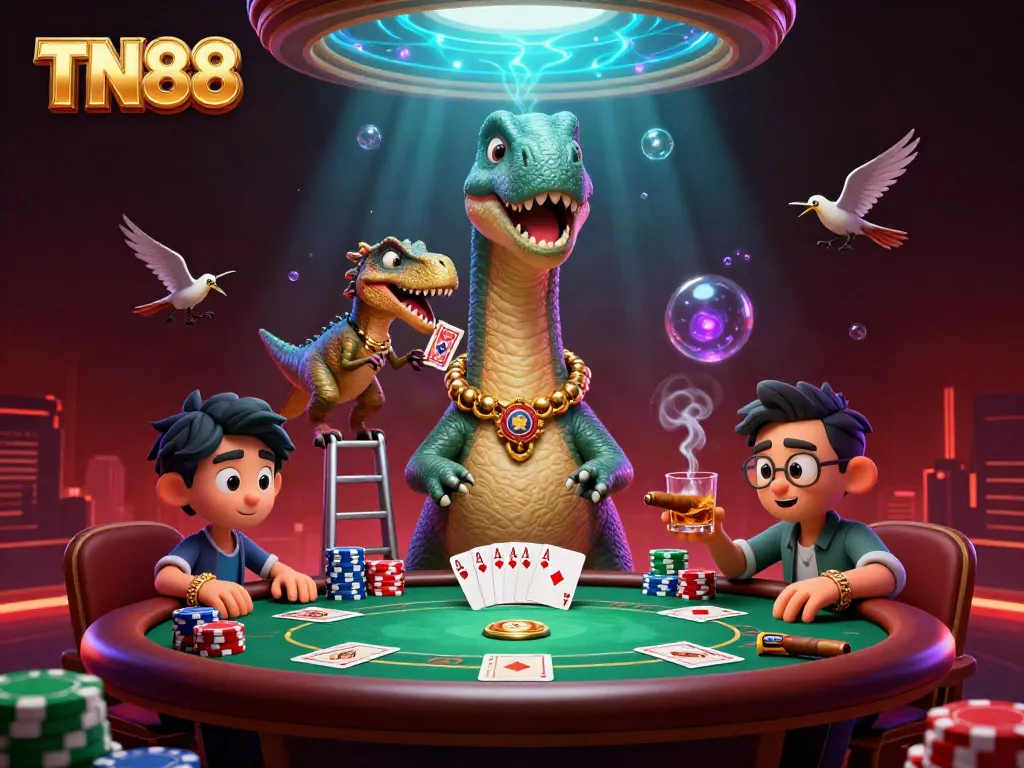 Experience the thrill at TN88 with a vibrant casino scene featuring a brontosaurus and raptor dealing poker cards.