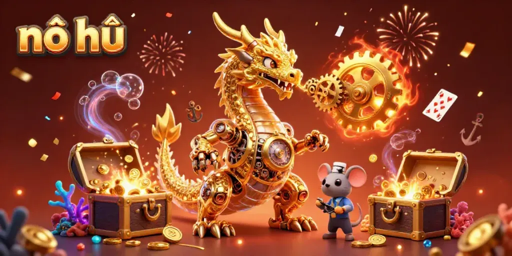 Experience thrilling nổ hũ gameplay in an explosive treasure-filled scene with dynamic characters and vibrant elements.