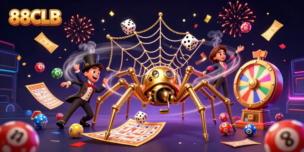 Engage with the thrilling dynamic scene at 88CLB featuring a steampunk spider, lottery elements, and celebratory effects.