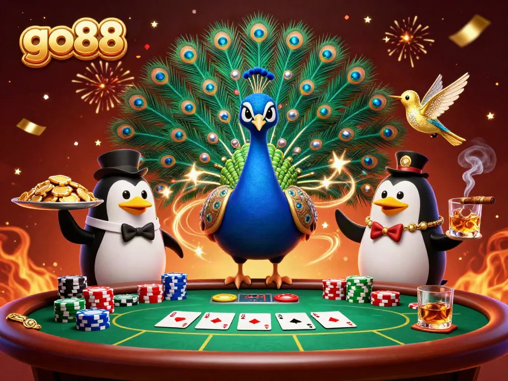 Engage with go88 in a vibrant casino scene featuring stylish characters and dramatic poker elements.