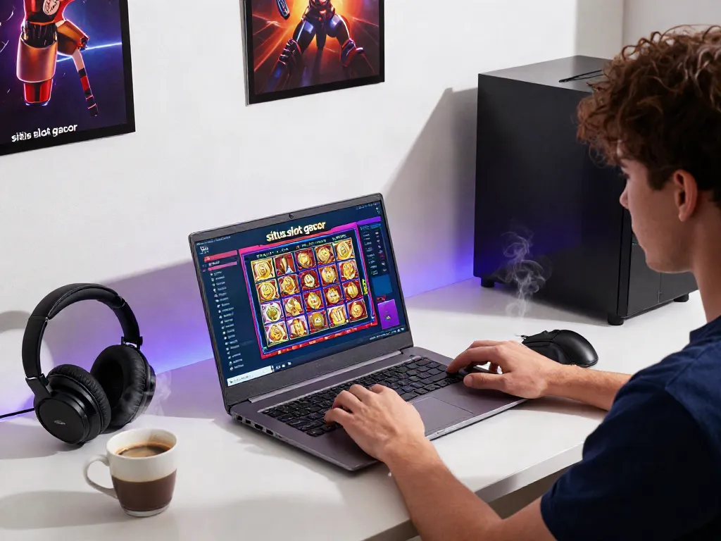 User immersed in situs slot gacor gaming on a vibrant laptop, with gaming accessories and a cozy atmosphere.