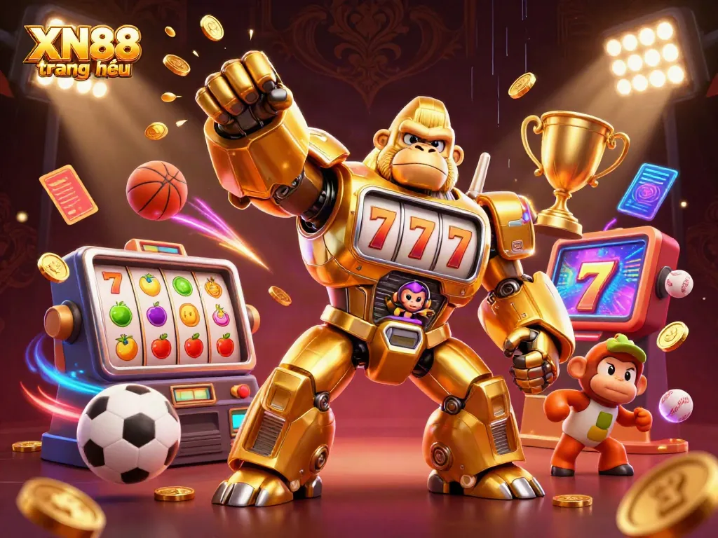 Engaging action in XN88 trang chủ, showcasing the golden gorilla mech with slot machine parts.