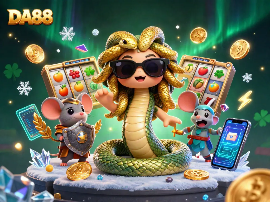 Experience thrilling gameplay with DA88 in a vibrant casino scene featuring a friendly Medusa and lucky symbols.