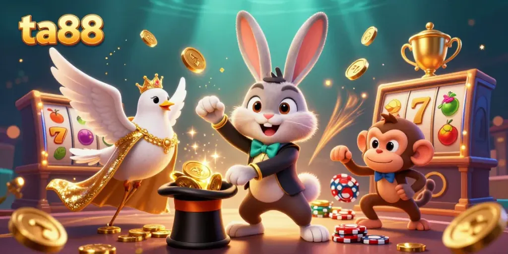 Engage with the magic of ta88 as a magician rabbit pulls golden coins from a hat while other fun characters join in a vibrant casino scene.