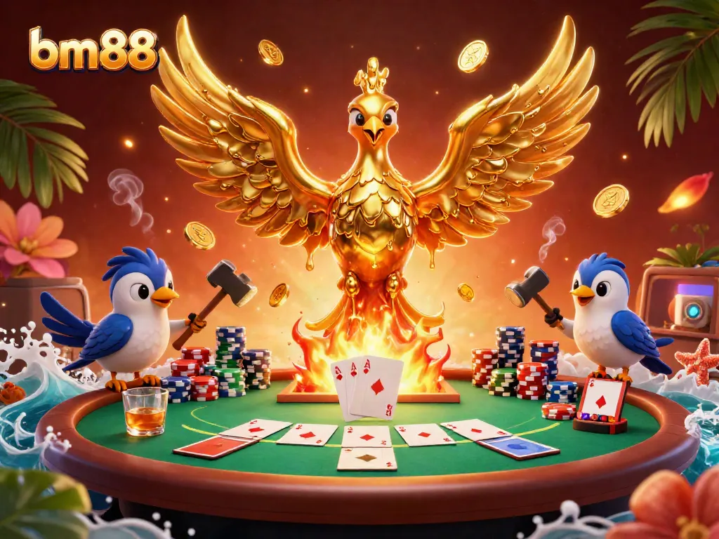 Engage in thrilling gameplay with bm88's golden phoenix soaring above vibrant poker elements.