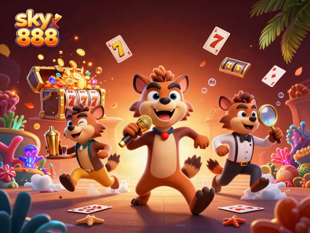 Engage with sky 888's lively casino scene featuring hyena characters in a vibrant comedy club.