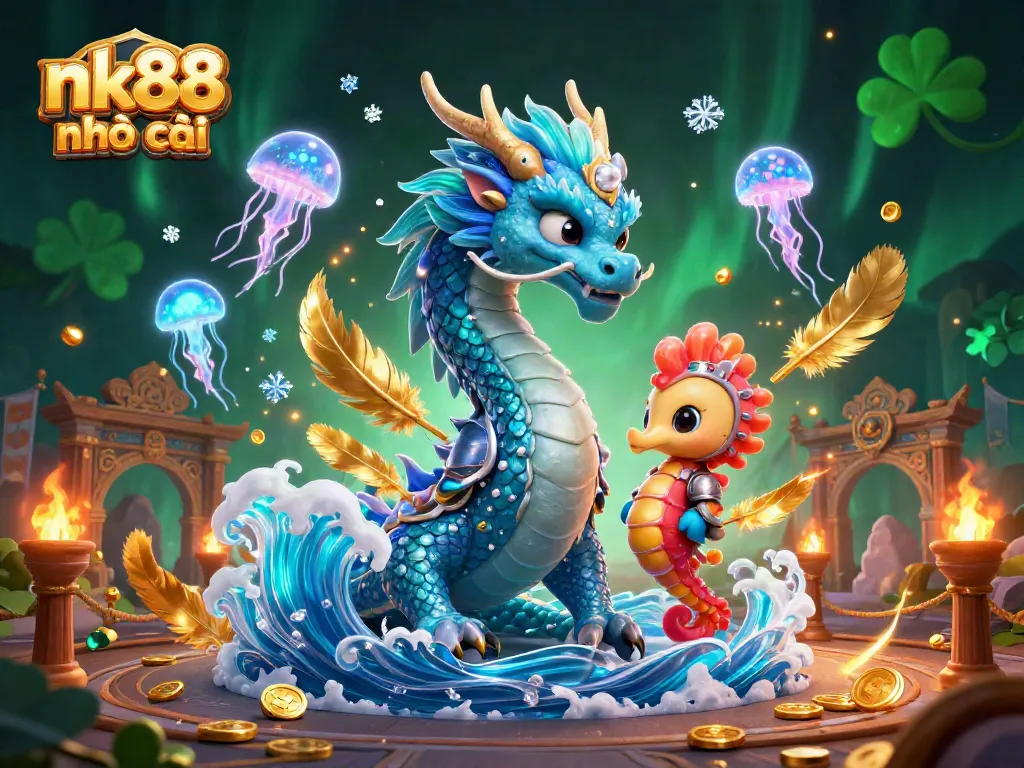 Experience the thrill of nk88 nhà cái with a dynamic scene featuring a dragon and a seahorse knight in vibrant casino elements.