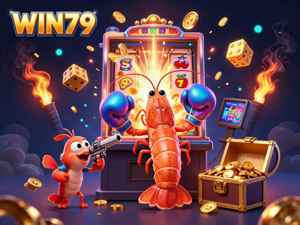 WIN79 jackpot celebration scene with a mantis shrimp and vibrant casino elements