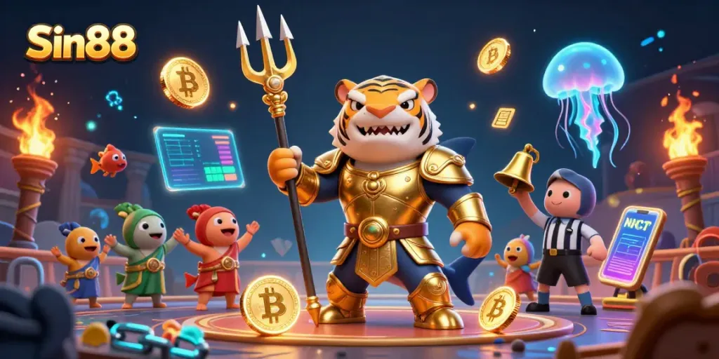 Experience engaging gameplay at Sin88 casino with a vibrant underwater scene featuring a gladiator tiger shark.