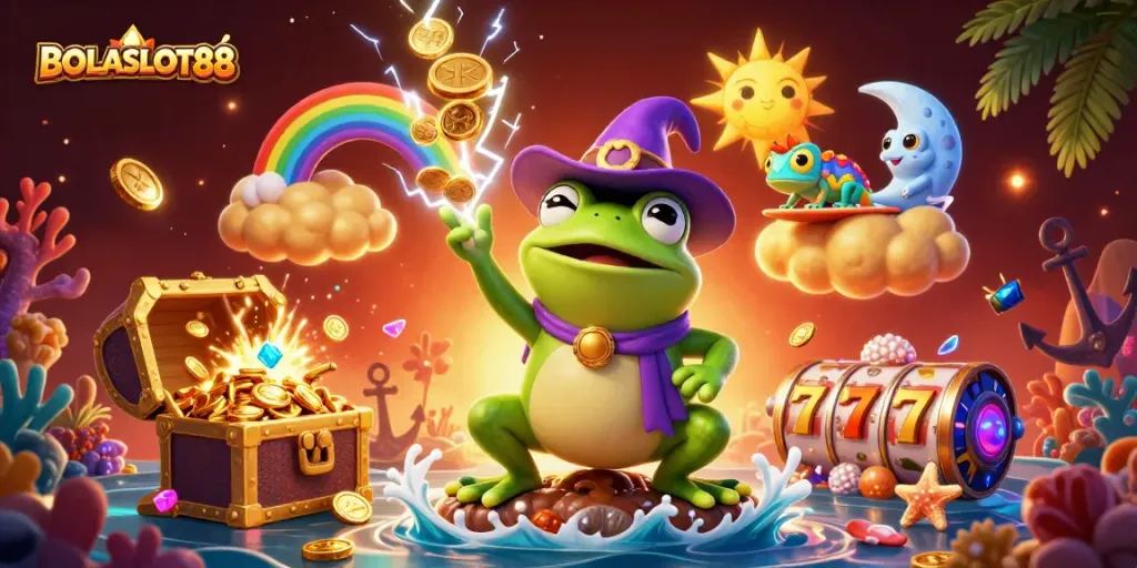 BOLASLOT88 boosts excitement with a golden coin storm, slot reels, and a vibrant fantasy scene.