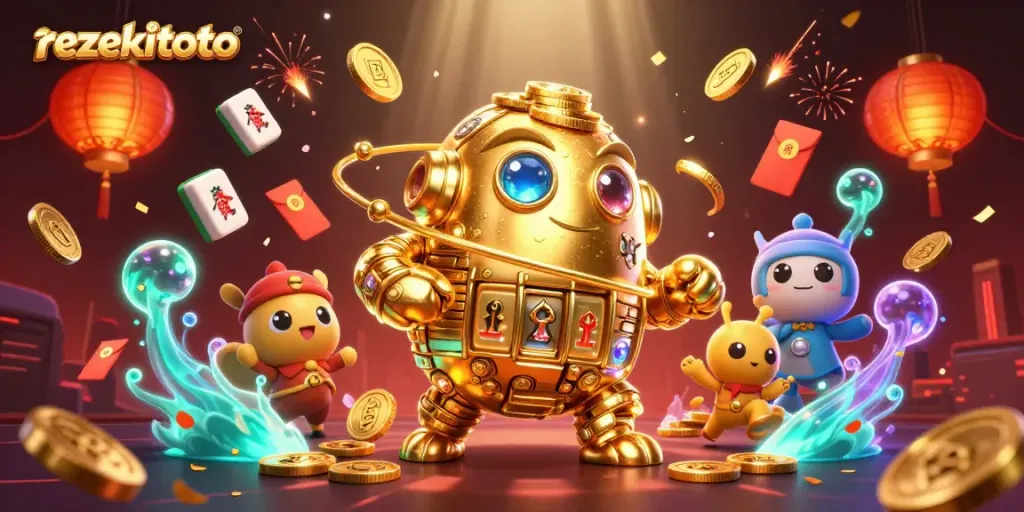Engage with rezekitoto's vibrant gaming universe featuring golden golems and festive elements.