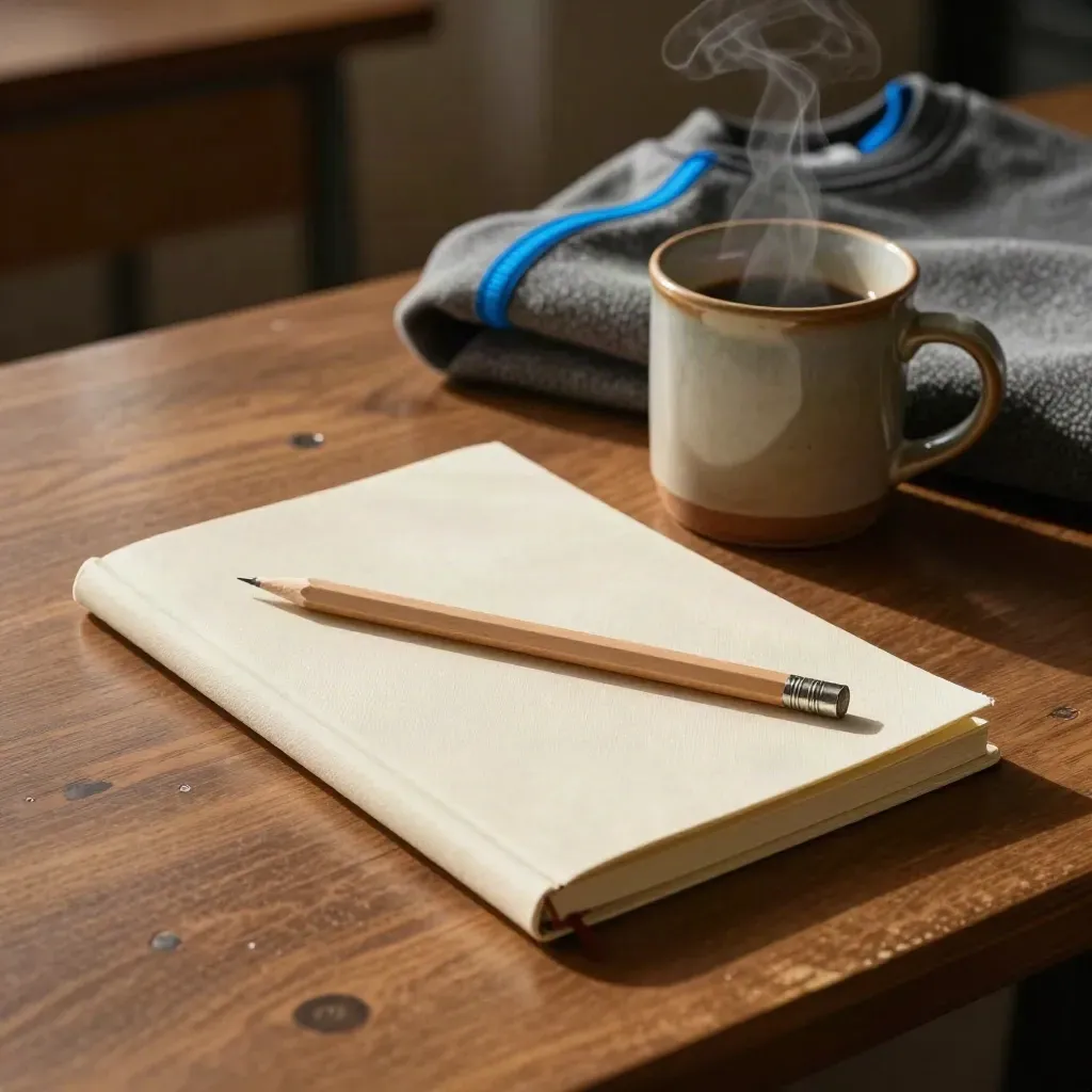 Notes i kubek obok złożonej bluzy na drewnianym biurku, klimat wieczornego spokoju.
