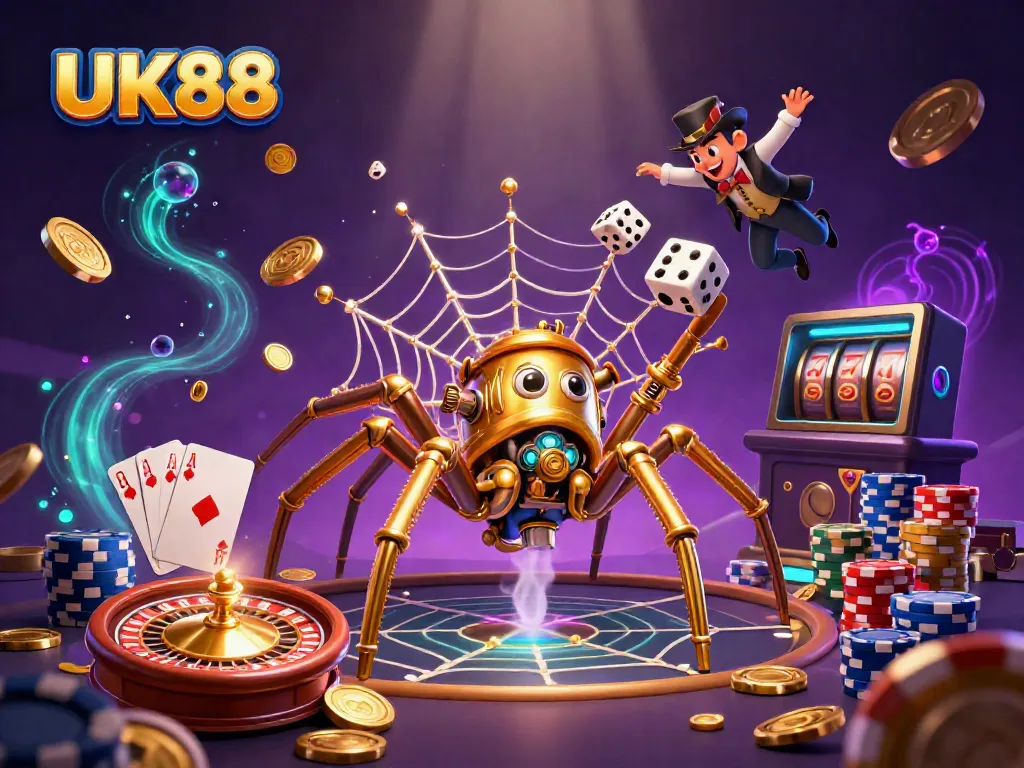 Enhance your gaming experience at UK88 with a dynamic scene of a steampunk spider catching dice, surrounded by casino elements.