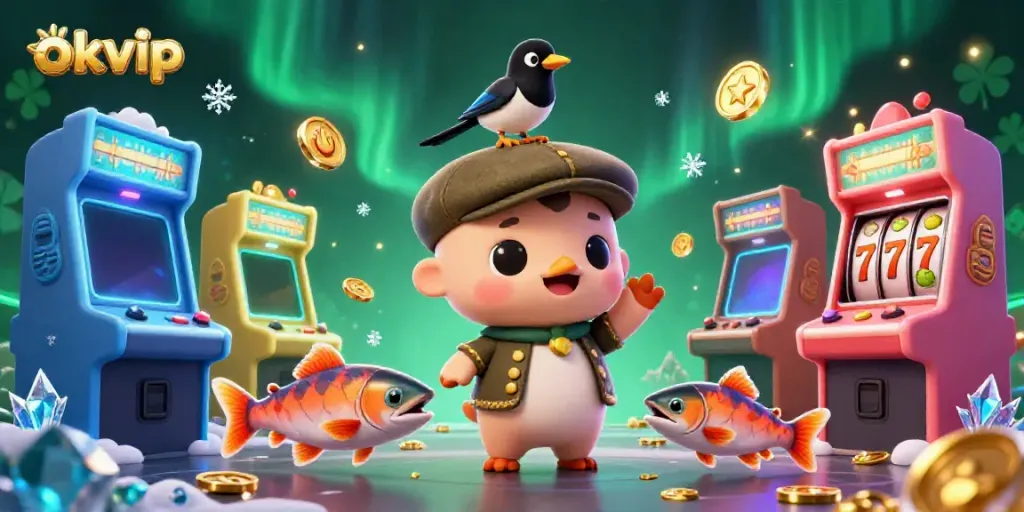 okvip showcases a vibrant 3D casino scene with playful characters, colorful slot machines, and rich details.