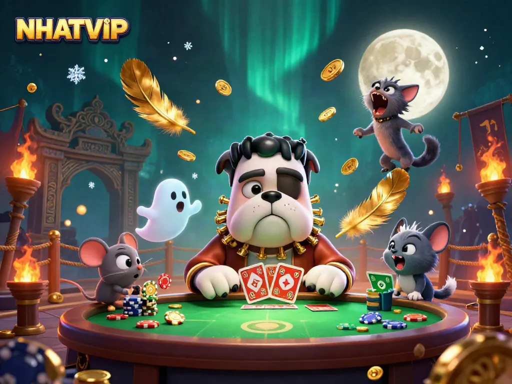 NhatVIP casino illustration showcasing a Frankenstein bulldog dealing cards at a spooky table with gold elements.