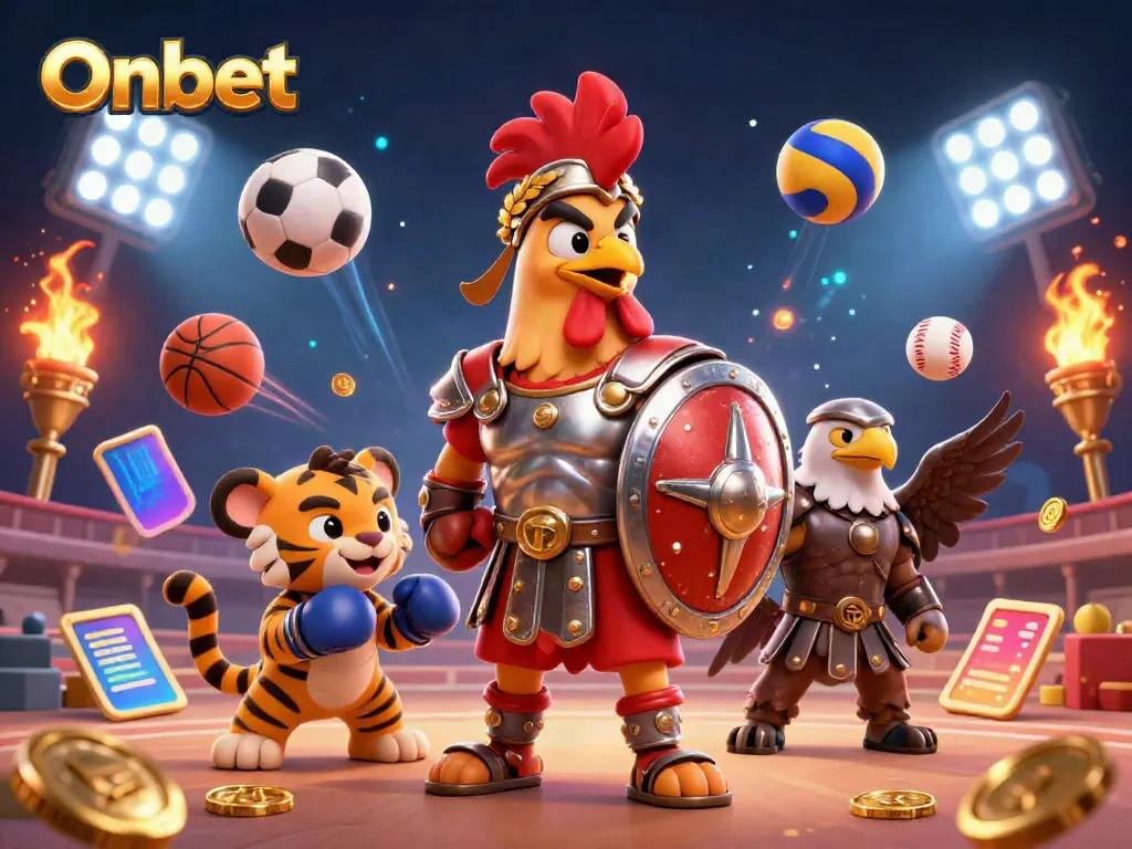 Experience the thrilling action at Onbet with our unique gladiator rooster battling in a dazzling colosseum.
