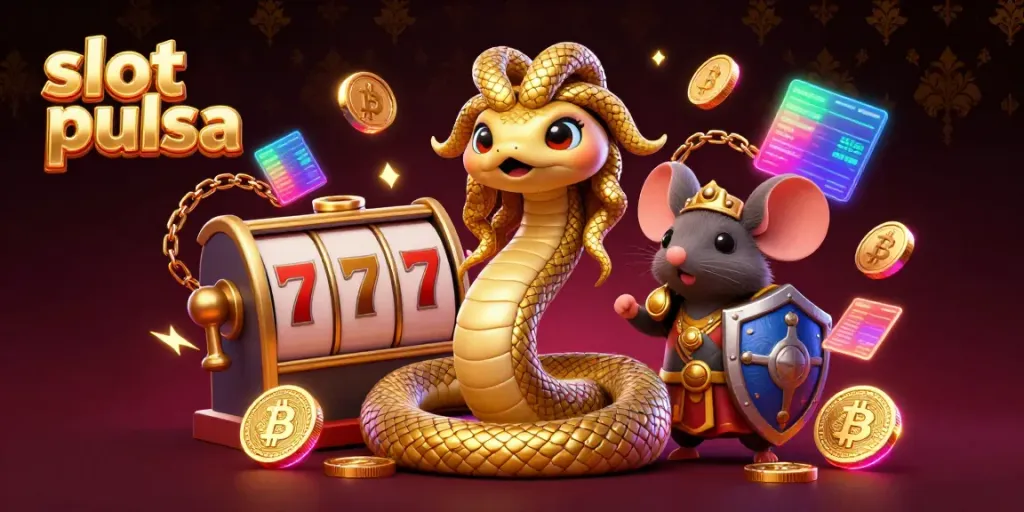 Engage with slot pulsa features in a vibrant casino scene, featuring Medusa and a warrior mouse.