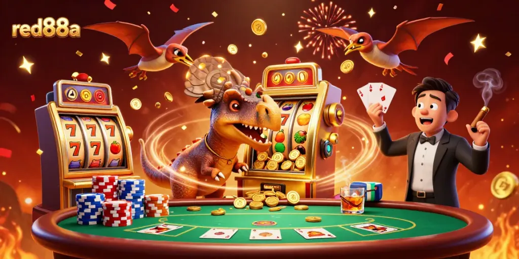Experience the excitement at red88a with a dinosaur winning a jackpot at a glamorous casino.
