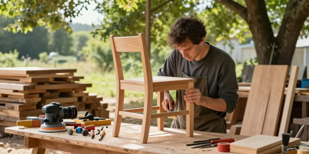 Artisan crafting wooden furniture at kayu77 woodworking workshop with lush greenery