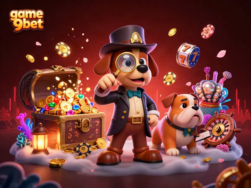 Experience the excitement of game 9bet with a detective bloodhound and treasures amidst vibrant casino elements.