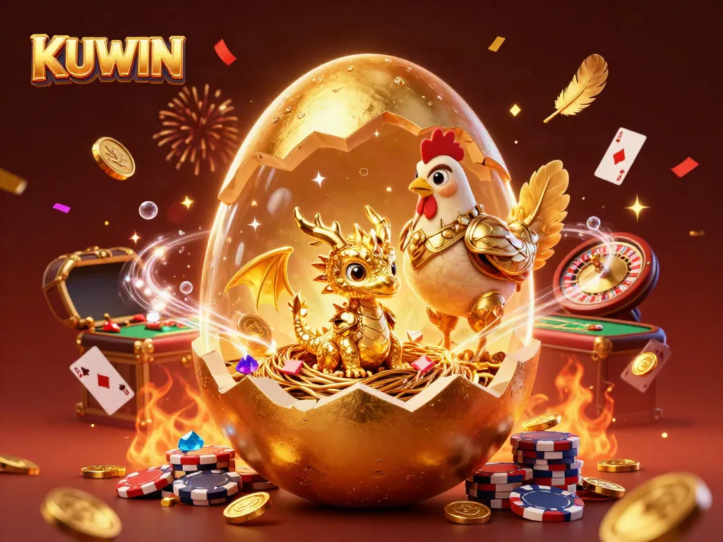 Experience the thrill of KUWIN with a golden dragon guarding poker chips amidst dynamic casino elements.