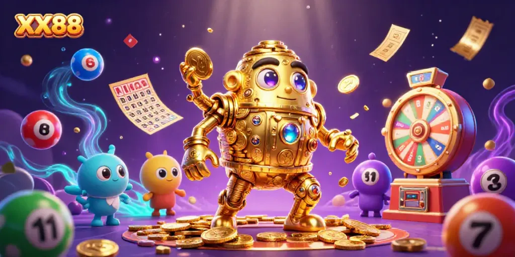Experience the thrill of winning at XX88 with dynamic lottery elements and a golden golem in action.