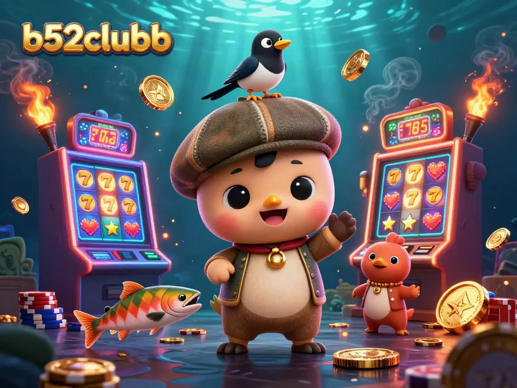 Bets increase at b52clubb with vibrant cartoon characters amidst lively slot machines.