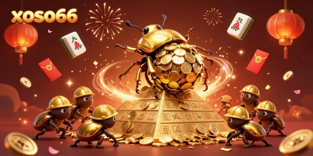 Experience the vibrant energy of xoso66 with a golden dung beetle rolling coins amidst dynamic casino symbols.
