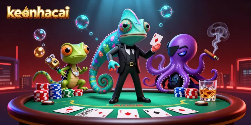 Experience keonhacai with a vibrant 3D illustration of fun characters at a poker table showcasing thrilling casino action.