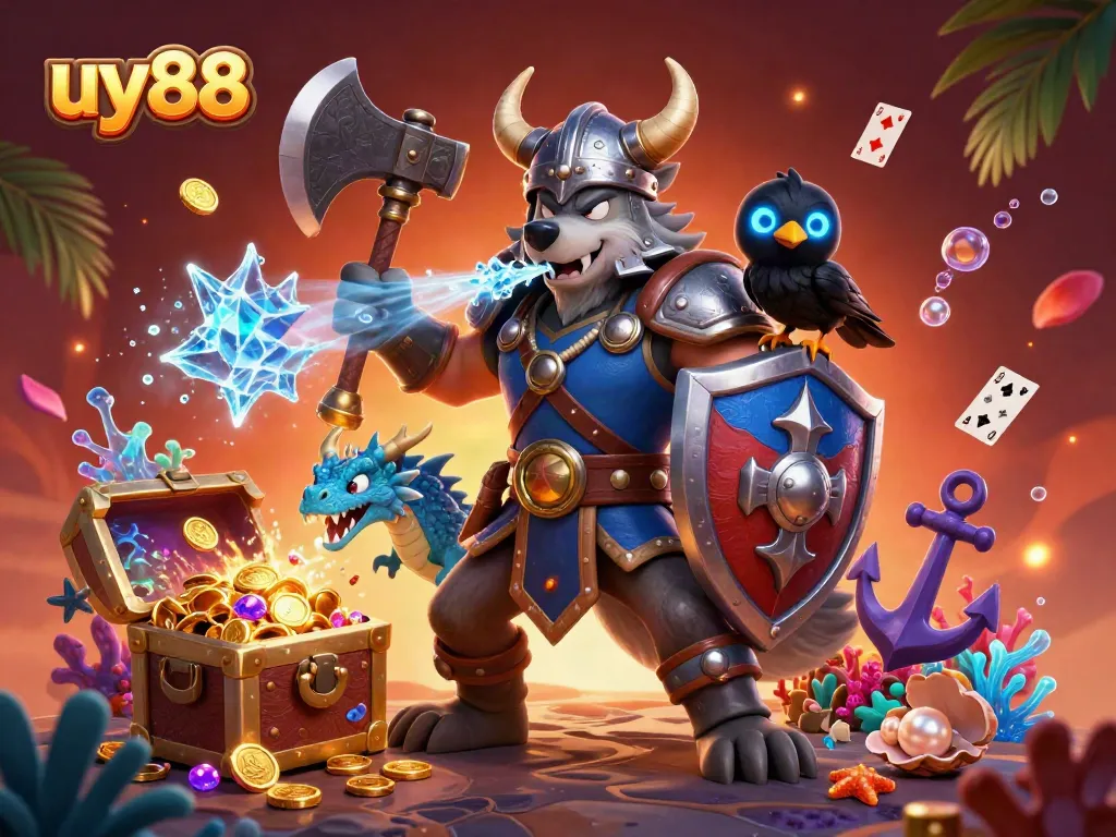 Engage with uy88's thrilling casino adventure featuring a Viking wolf warrior and vibrant treasure elements.