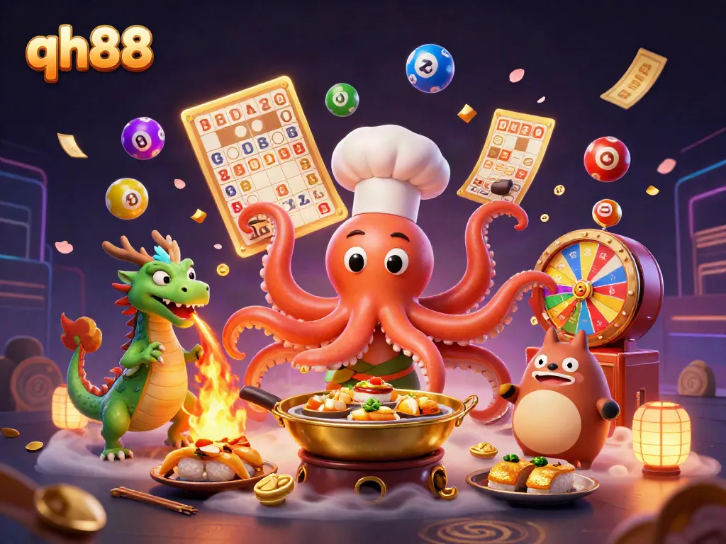 Engage in thrilling games at qh88 featuring vibrant scenes of a sushi chef octopus, dragon, and a tanuki amidst lottery excitement.