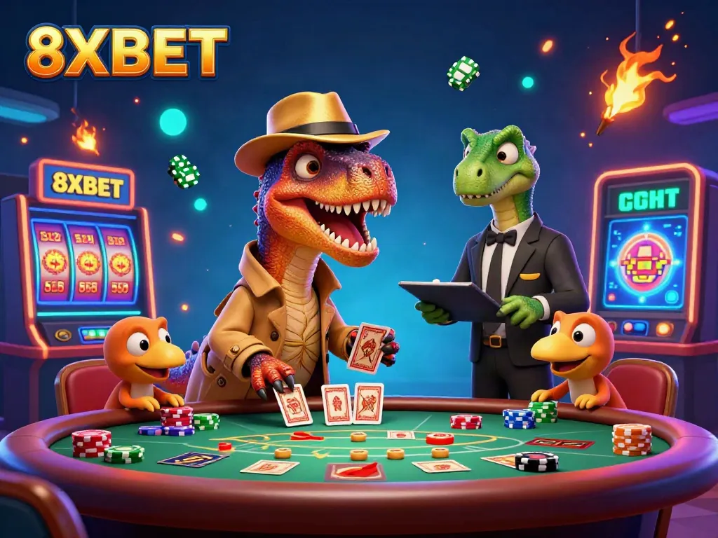 Experience thrill at 8XBET with a velociraptor card counter, a stegosaurus pit boss, and a cheeky pickpocket in a vibrant casino scene.