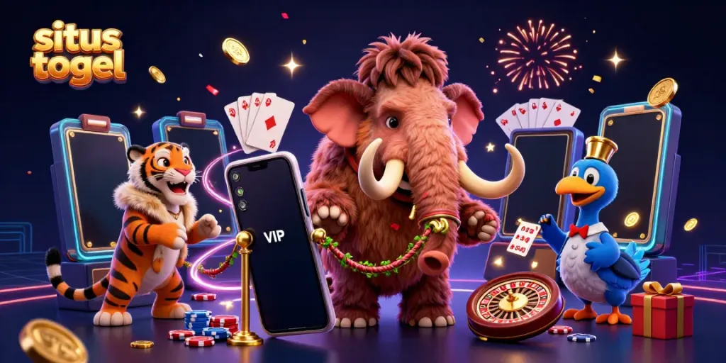 Experience the excitement of situs togel with vibrant casino characters amid fireworks and confetti.