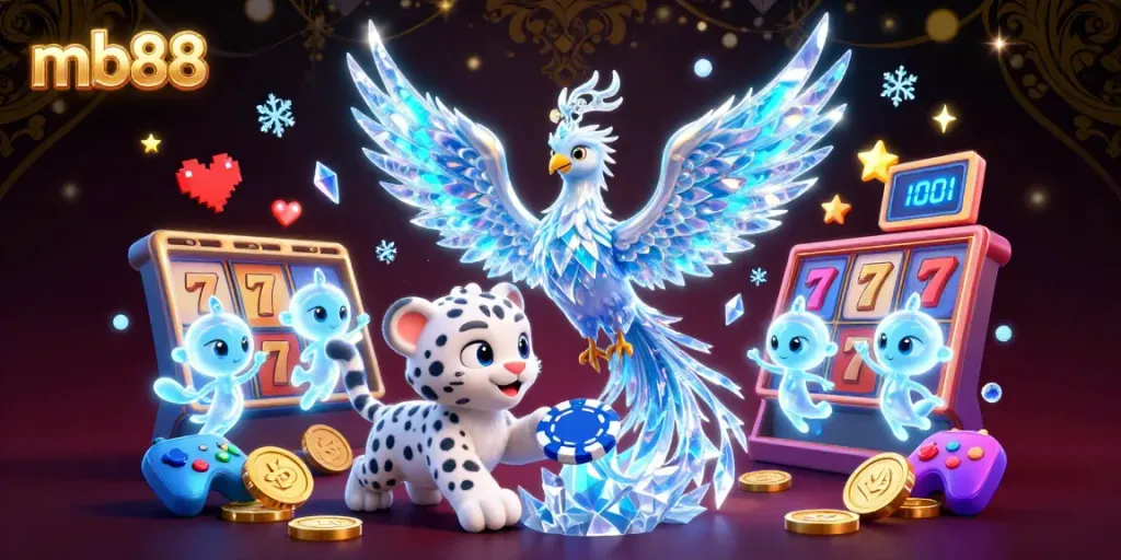 Experience the thrill of mb88 with an ice phoenix and slot reels in a vibrant casino illustration.