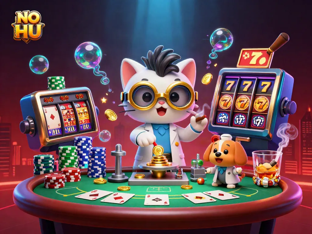 Experience the excitement of NO HU slots and poker in a vibrant casino scene with golden coins and sparkling elements.