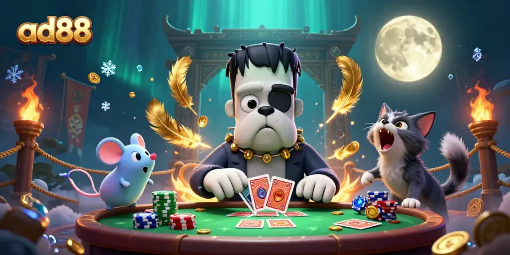 Engage with ad88 as a Frankenstein bulldog dealer at a haunted casino table in a vibrant, rich 3D environment.