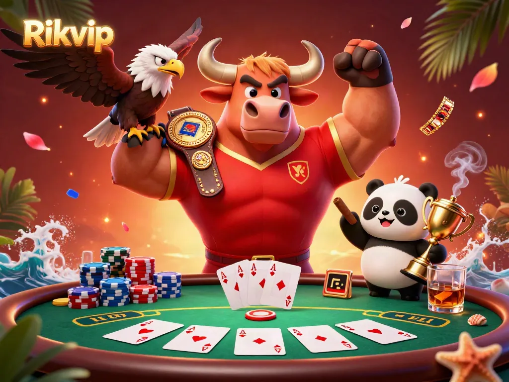 Experience the thrill of Rikvip with a celebratory scene featuring a bull mascot, eagle, and panda at a poker table.